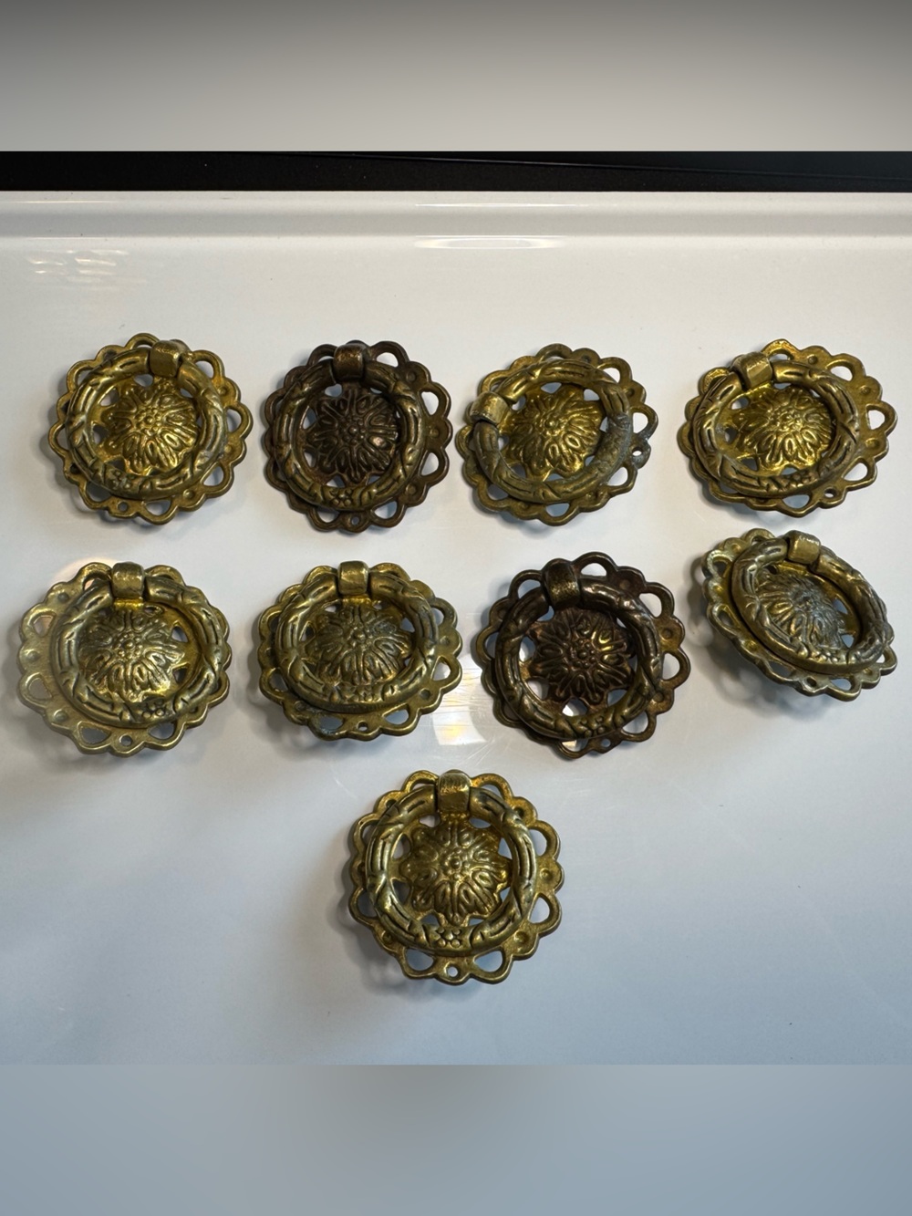 Vintage Brass Drop Ring Drawer Pulls Ornate Scalloped Set of 9 Part 4565